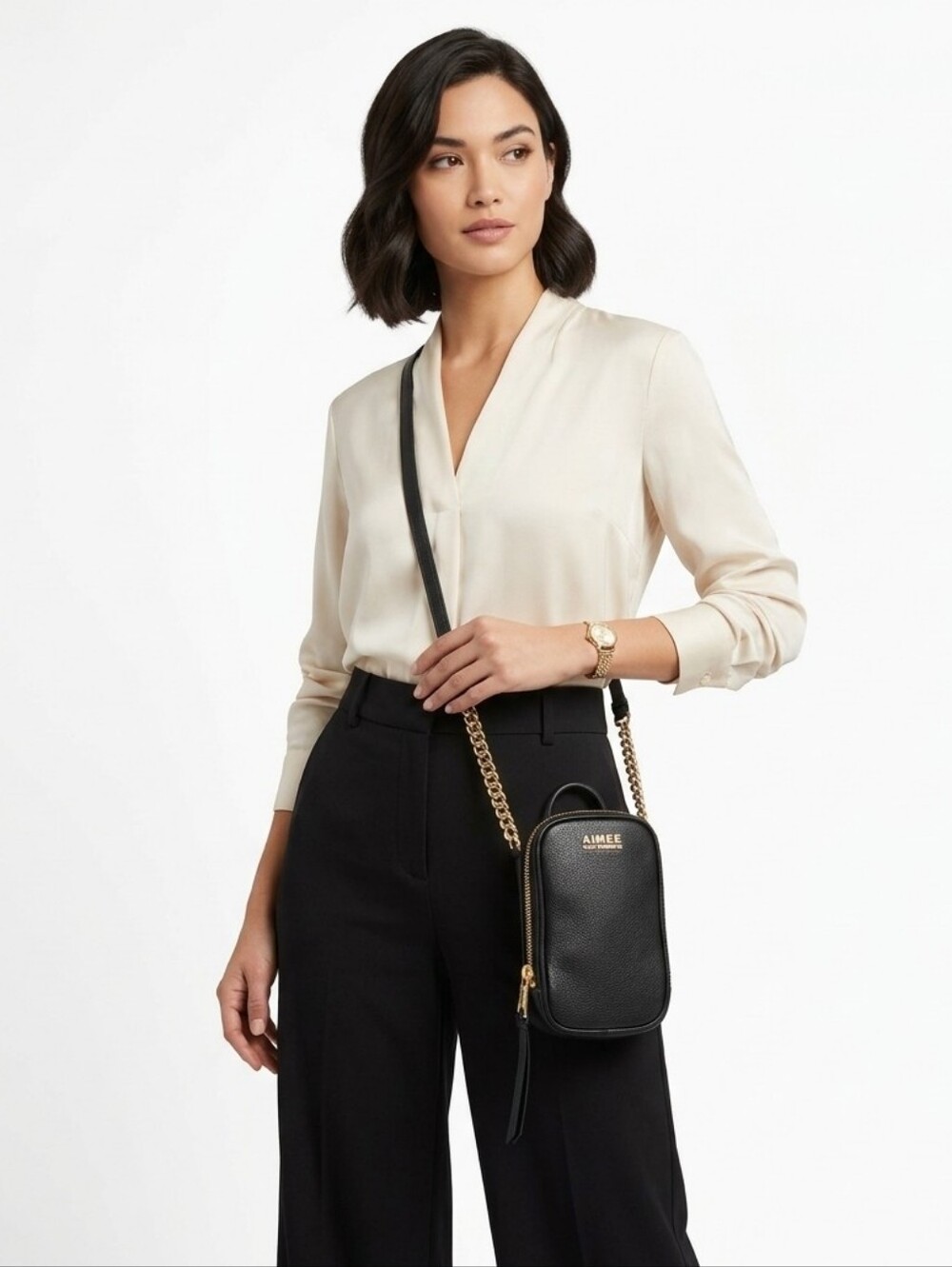 AIMEE KESTENBERG leather Adjustable Chain Crossbody Strap Black & Gold tone Bag